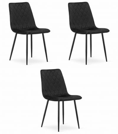 Set van 3 Eetkamerstoelen TURIN Zwart – Velvet Bekleding, Modern, Ergonomisch Design, Zwarte Metalen Poten, Max. 120 kg