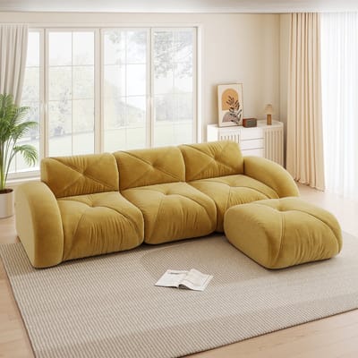 MODENUIT Hoekbank 3-Zits - Modulair Met Hocker - Voor Woonkamer En Lounge - Chenille - Geel