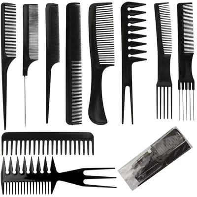 10x - Kammenset - Kappersset - Toupeerkam - Grove kam - Fijne kam - Haar styling - Kunststof - Zwart - Jonyx