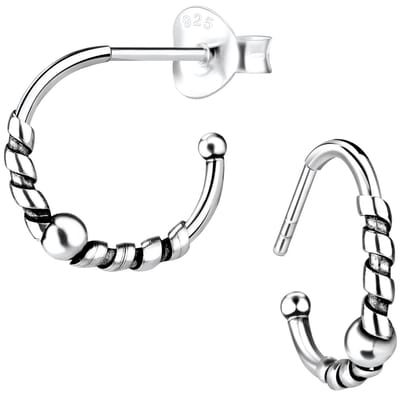 Joy|S - Zilveren Bali oorringen stud - twist met bal - 14 mm - geoxideerd
