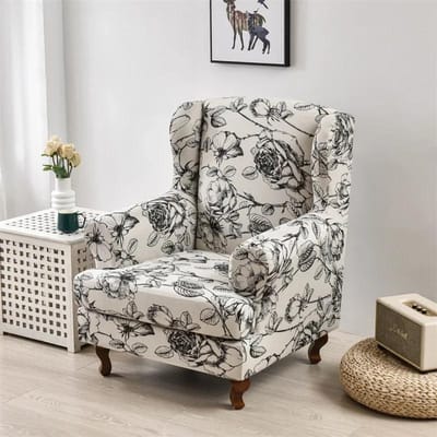 Housse de Fauteuil à Oreilles Imprimée Feuilles Housse de Canapé Extensible Spandex Housses de Fauteuil Élastiques Housse de Canapé Antidérapante Protecteur de Meubles