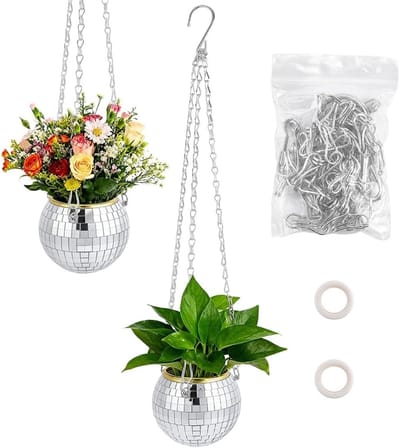 2 Stuks Hangende Disco Bal Plantenbakken met Kettingen - Spiegelbal Decor voor Binnen en Buiten - Boho Stijl Plantenhanger voor Plantenliefhebbers en Unieke Decoratie