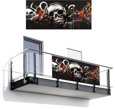 Balkonscherm 200x90 cm - Balkonposter Schedels - Kunst - Donker - Rood - Balkon scherm decoratie - Balkonschermen - Balkondoek zonnescherm