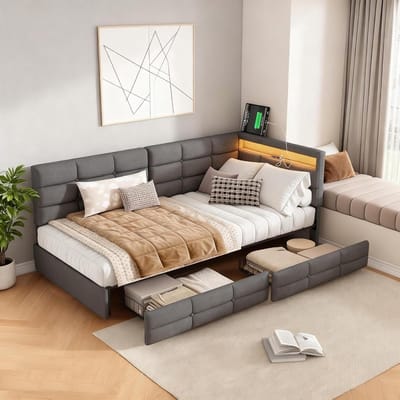 Bank Bed - Slaapbank Linnen - Ruimte Besparen - Ingebouwde Verlichting - 90 x 200 cm - Grijs