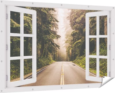 Gards Tuinposter Doorkijk Highway in Californië Omring met Bos - 180x120 cm - Tuindoek - Tuindecoratie - Wanddecoratie buiten - Tuinschilderij