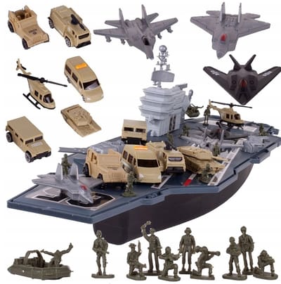 Ilso speelgoed militaire basis vliegdekschip - 3 straaljagers - 4 militaire voertuigen - tanker - helikopter