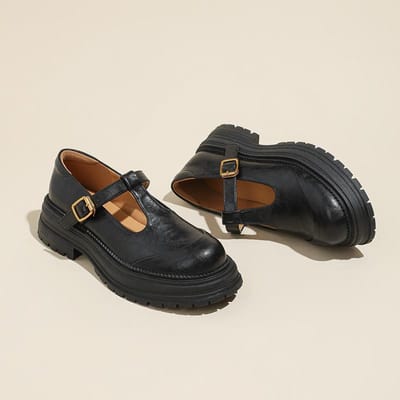 Lente en Zomer Dikke zool Schoenen van leer in Britse stijl Ronde neus Retro Mary Jane Schoenen Hepburn Stijl T-band Enkele schoenen voor Dames 35 black