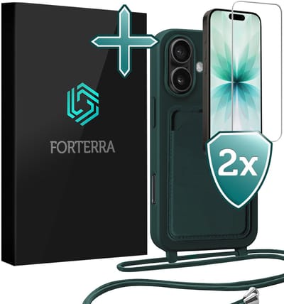 Hoesje Geschikt voor iPhone 17 Pashouder Case Siliconen Hoes Met Koord Met 2x Screenprotector - Hoes Geschikt voor iPhone 17 Met Telefoonkoord Hoesje Back Cover Met Pasjeshouder - Donkergroen