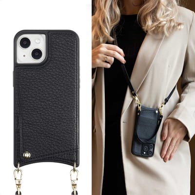 Selencia Hoesje - Geschikt voor Apple iPhone 14 / 13 - Backcover met koord en pashouder - Zwart
