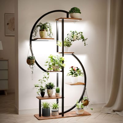 Plantenstandaard voor binnen met groeilampen, 7-laags plantenrek voor binnen, 155 cm S-vormige plantenstandaard voor binnen, metalen plantenhouder voor planten en bloemen