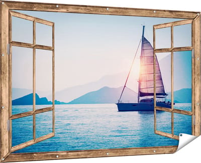 Gards Tuinposter Doorkijk Zeilboot bij Zonsondergang - 180x120 cm - Tuindoek - Tuindecoratie - Wanddecoratie buiten - Tuinschilderij