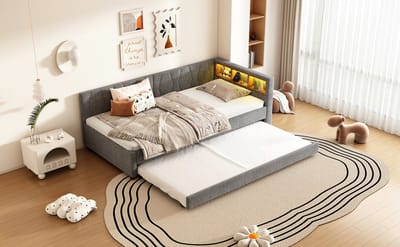 Dagbed - 90x200 Cm Grijs Met Uitschuifbaar Bed, Ledstrip, Usb+Type-C En Opbergvakken