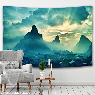Tapisserie murale psychédélique imprimée avec photo en direct de montagnes claires et d'eau verte, décoration murale bohème pour la maison 95x70CM beige