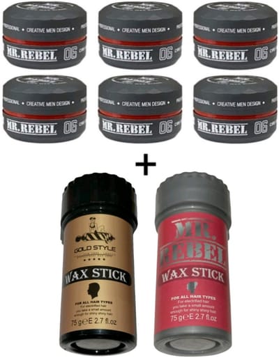 Mr. Rebel 06 Haar Styling Wax Black "voordeelpak" (6 stuks) 900ml + goldstyle en mr.rebel waxstick 2x 75 gram