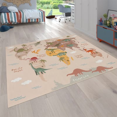Flycarpets Binola Kindervloerkleed Beige / Kleurrijk - 100x200 cm - Wereldkaart / Dinosaurus Speelkleed / Speelmat - Laagpolig Vloerkleed Kinderkamer