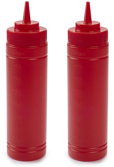 Plasticforte Doseerfles/sausfles rood - 2x - kunststof - met schenktuit - 500 ml - 25 x 6 Plasticforte - Pannenkoeken/poffertjes