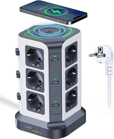 Intelectro Stekkerdoos - Efficiënt Opladen, Ultieme Connectiviteit! - 4000 W - 12 Stekkers - 6 USB Poorten - 2m Snoer - Draadloos Opladen Mogelijk - 18 in 1 - Hoogwaardige Materialen - Wit/Grijs - Levering Sneller dan Aangegeven!