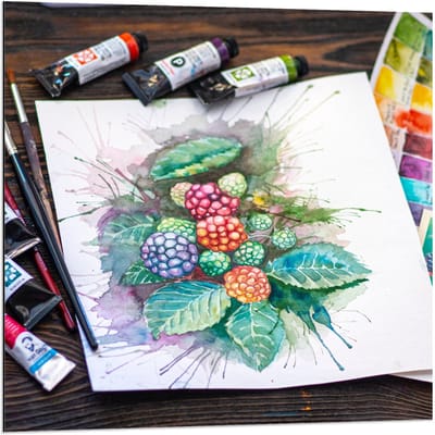 Dibond - Geschilderd Bloemen Boeket - 80x80cm Foto op Aluminium (Wanddecoratie van metaal)