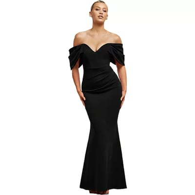 Vrouwelijke jurk met gedrapeerde mouwen Goddiva Off The Shoulder Maxi