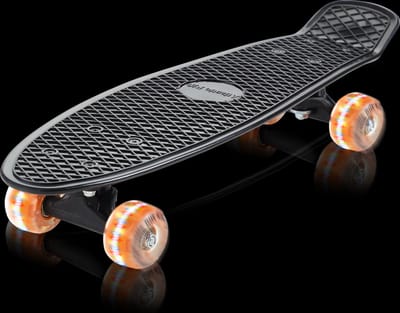 Skateboard, penny board, met LED lampjes in wielen, zwart-oranje, retro, met PU-dempers