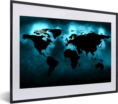 Poster in lijst - Fotolijst 60x40 cm - Posters - Wereldkaart - Zwart - Blauw - Posterlijst zwart - Decoratie - Wanddecoratie woonkamer - Muurdecoratie slaapkamer