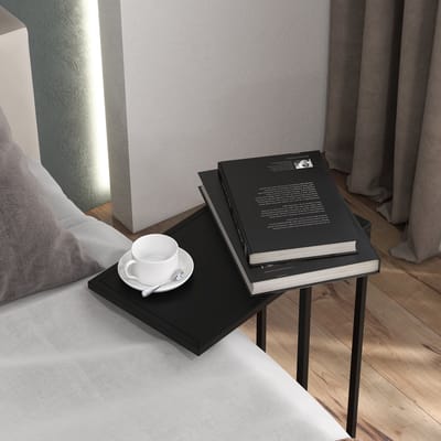 Wishdor C-vormige bijzettafel – compact laptoptablet en nachtkastje in zwart staal, schuift onder bank of bed, 46×26×60 cm