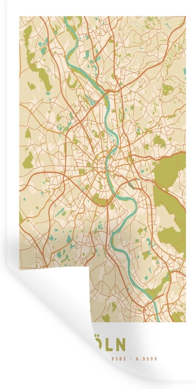 Muurstickers - Sticker Folie - Köln - Plattegrond - Kaart - Stadskaart - Vintage - 40x80 cm - Plakfolie - Muurstickers Kinderkamer - Zelfklevend Behang - Zelfklevend behangpapier - Stickerfolie