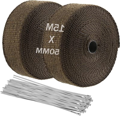 2pcs Heat Protection Tape Basalt Fibre - 15mx50mm - Titanium Heat Protection Band Exhaust met 20 RVS Kabelbinders - Fiberglass Exhaust Band voor Motorfiets Manifold Curver Tyre