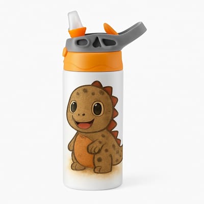 Minimalistische Dino Cartoon Drinkfles – Japanse Wabi-Sabi Stijl voor Liefhebbers van Unieke Ontwerpen - Waterfles voor kinderen (wit/oranje)