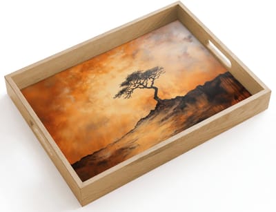 Dienblad hout 40x30 cm - Schootdienblad - Boom - Landschap - Oranje - Borrelplank rechthoek - Plateau dienbladen
