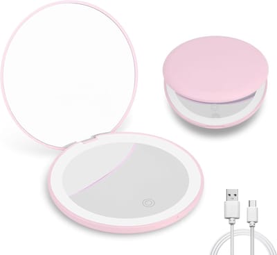 QTTVBTNA - LED spiegel - 10X vergroting - Draagbaar Make-up Spiegel - tweezijdig - Mini spiegel - inklapbaar - USB Oplaadbaar - Roze - 9cm - 1 stuk