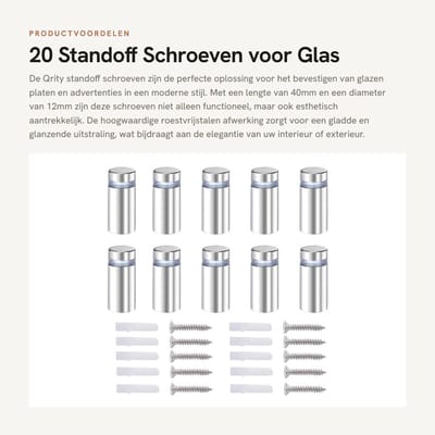 Dailygoods- Spreader Screws 20 Stuks - Roestvrij Staal - 12 x 40mm - Met Beugel/Schroeven - Voor Glas/Acryl - Duurzaam/Modern - Standoffs