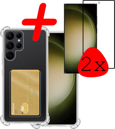 Hoesje Geschikt voor Samsung Galaxy S23 Ultra - Met 2x Screenprotector - Pashouder - Kaarthouder - Telefoon Hoes Shockproof - Siliconen Case - Back Cover - Shock Proof - Pasjes Houder - Transparant