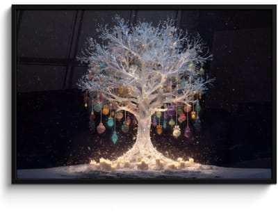 Poster in lijst - Fotolijst 120x80 cm - Posters - Sneeuwboom - Lichtjes - Wit - Kleurrijk - Posterlijst zwart - Decoratie - Wanddecoratie woonkamer - Muurdecoratie slaapkamer - Kerstversiering - Kerstdecoratie voor binnen - Kerstmis