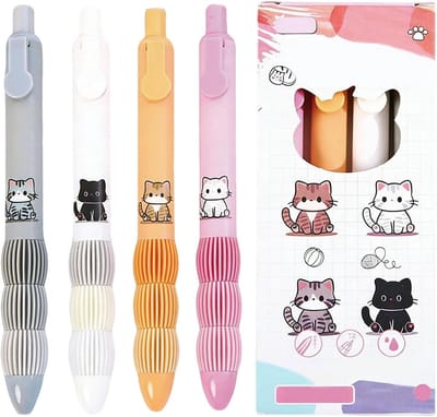 Schattige 4-delige Gelpen Set met Cartoon Kat Ontwerp - 0.5mm Zwarte Inkt voor Vrouwen, Kantoor en Schoolgebruik