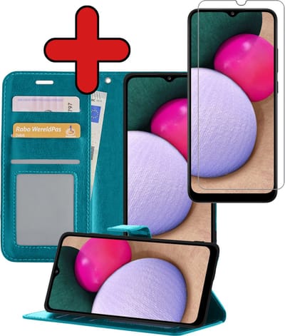 Hoesje - Met Screenprotector - Geschikt voor Samsung Galaxy A02s - Luxe Pasjeshouder - Flipcase - Bookcase Portemonee - Flip Case - Kunstleer Book Case - Book Cover - Walletcase - Portemonneehoes - Telefoonhoes - Turquoise