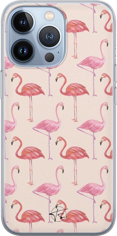 Hoesje geschikt voor iPhone 13 Pro - Flamingo - Soft Case - TPU - Print - Beige, Roze - Mooie Telefoonhoesjes