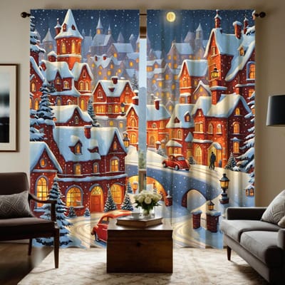 2 pièces HD Rideau Décoration Ville Château de Noël Post-Neige Blanc Cordon Rideau Imprimé Numérique Décoration Style Décoration Maison W52H63inchW132H160cm brown