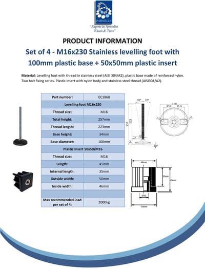 Roestvrijstalen voet M16x230, 100 mm kunststof voetplaat met gaten + inzetstuk 50x50x2 mm - Set van 4