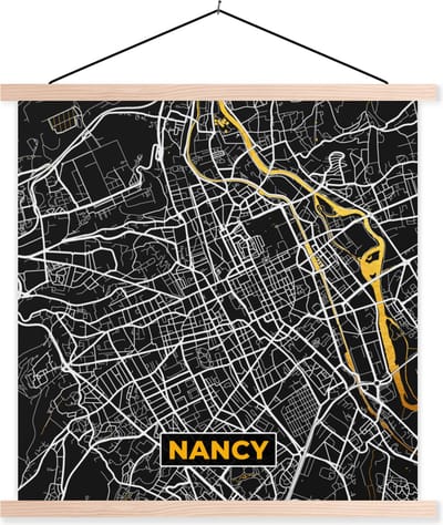 Posterhanger incl. Poster 40x40 cm - Schoolplaat - Stadskaart – Frankrijk – Kaart – Nancy – Plattegrond - Textielposter - Blanke latten - Stadskaart