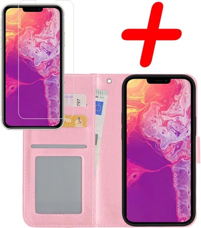 Hoesje Met Screenprotector - Geschikt voor Apple iPhone 13 Mini - Luxe Pasjeshouder - Bookcase Portemonee - Flip Case - Kunstleer Book Case - Flipcase - Book Cover - Walletcase - Portemonneehoes - Lichtroze