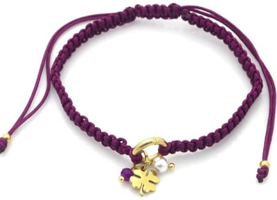 Armband – touw - verstelbaar - sieraad - accessoire – RVS – roestvrij staal – klavertje vier - geluk - goudkleurig – paars - 16-19cm – cadeau – geschenk – feest – feestdagen
