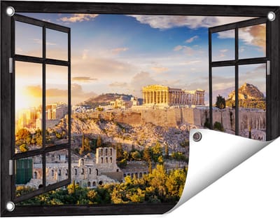 Gards Tuinposter Doorkijk Akropolis van Athene, Griekenland - Architectuur - 60x40 cm - Tuindoek - Tuindecoratie - Wanddecoratie buiten - Tuinschilderij