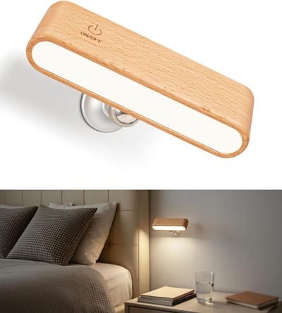 Houten LED-wandlamp - Magnetisch 360° draaibaar nachtlampje en leeslamp voor aan de muur - Klein, oplaadbaar nachtlampje op batterijen - Geschikt voor slaapkamers en woonkamers - Natuurlijke houtkleur