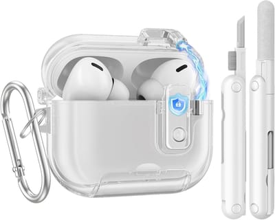 Transparante Soft TPU Hoes voor AirPods Pro 3 (2025) met Beveiligingsslot, Telefoonstandaard en Sleutelhanger, Inclusief Schoonmaakset en Anti-Vlekken Bescherming