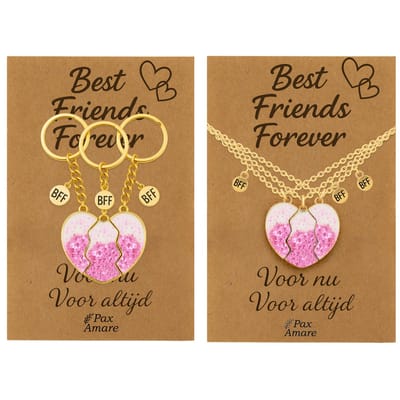 BFF Ketting + Sleutelhanger voor 3 'Best Friends Forever' - Magnetisch Glitter Hartje Roze - BFF Ketting + Sleutelhangers op Cadeau Kaartje - Goudkleurig - Vriendschap Symbool - Pax Amare