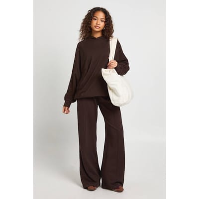 boohoo Dames Gewassen Pintuck Detail Diepe Tailleband Wijde Pijpen Jogger | Chocoladebruin | Maat: Medium