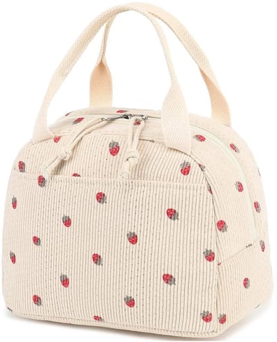 GELLDG Geïsoleerde lunchtas geschikt voor dames - Zacht en opvouwbaar - Waterdichte voering - Praktische lunchbox - Geïsoleerde lunchbox - Geschikt voor studenten/kantoor/picknicks - Beige aardbei