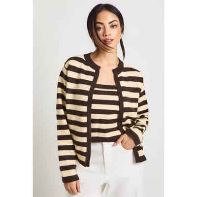 boohoo Dames Superzachte gestreepte gebreide boxy-fit cardigan en gebreide crop top 2-delig set | Chocoladebruin | Maat: Large