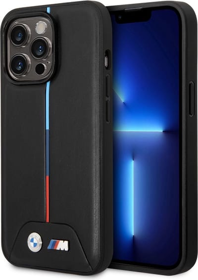BMW M Tricolor Vertical Stripe Leather Back Cover - Geschikt voor Apple iPhone 14 Pro (6.1") - Zwart